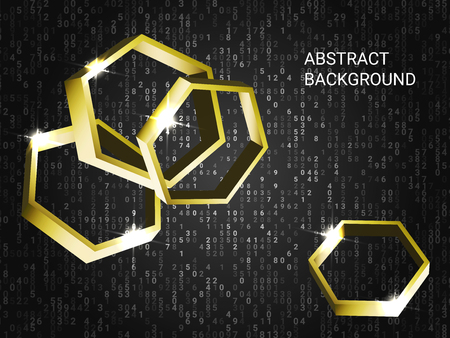 Polygon metal sparkle on background. Minimal geometric background. Abstract composition. 3D vector illustration . Gold three-dimensional polygon metal in space.のイラスト素材