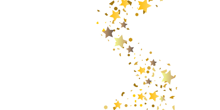 Golden glitter confetti of stars on a white background. Illustration of glittering confetti stars for your design. Decorative element. VIP cards, invitations, gift.のイラスト素材