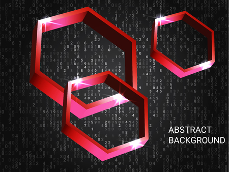 Polygon metal sparkle on background. Futuristic geometric background. Abstract composition. 3D vector illustration . Red three-dimensional polygon metal in space.のイラスト素材