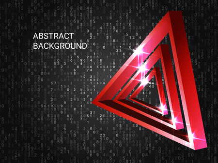 Triangle volume sparkle on background. Minimal geometric background. Abstract composition. 3D vector illustration . Red  three-dimensional triangle in space.のイラスト素材