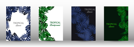 A set of tropical covers. Tropical leaves banners background. Exotic botanical design. Modern Front Page in Vectorのイラスト素材
