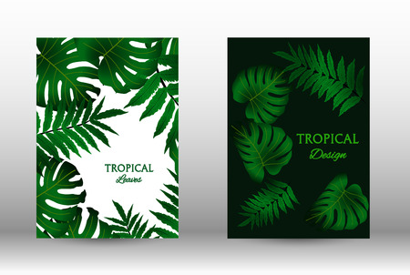 Tropic covers set.  Colorful tropical leaves patterns. Summer graphic background. Modern Front Page in Vectorのイラスト素材