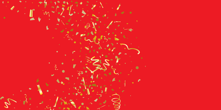 Golden glitter confetti on a red background. Illustration of a drop of shiny particles. Decorative element. Luxury background for your design, cards, invitations, gift, vip.のイラスト素材