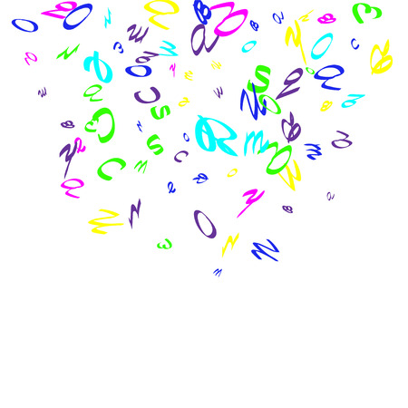 Colored bright handwritten letters are scattered chaotically on a white background. Illustration is good for educational design. 23 April. Vector.のイラスト素材