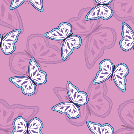 Seamless background from bright butterflies. Beautiful colorful butterflies chaotically fly. Seamless multicolored background with flying moths. Suitable for fabric, paper, packaging.のイラスト素材