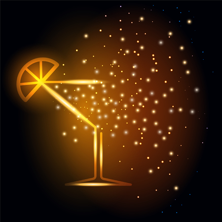 Vector Neon Glass with Spray of Wine. Beautiful festive background. Suitable for decoration of holiday cards, posters, albums, banners, window dressing.のイラスト素材