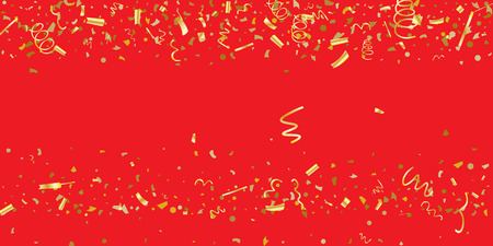Golden glitter confetti on a red background. Illustration of a drop of shiny particles. Decorative element. Luxury background for your design, cards, invitations, gift, vip.のイラスト素材
