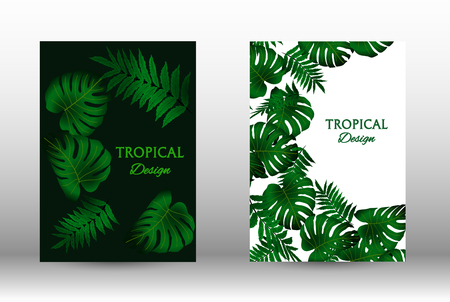 Tropic covers set.  Tropical leaves banners background. Exotic botanical design. Modern Front Page in Vectorのイラスト素材