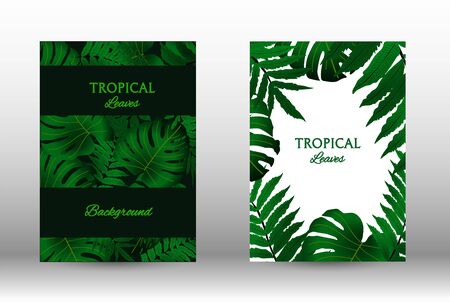 Tropic covers set.  Colorful tropical leaves patterns. Summer graphic background. Modern Front Page in Vectorのイラスト素材