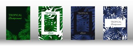 Tropic covers set.  Colorful tropical leaves patterns. Exotic botanical design. Modern Front Page in Vectorのイラスト素材