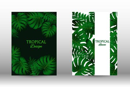 Tropic covers set.  Colorful tropical leaves patterns. Summer graphic background. Modern Front Page in Vectorのイラスト素材