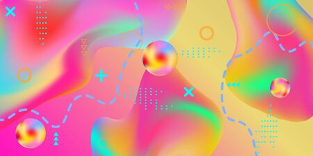 Modern design poster with 3d flow shape. Bright smooth mesh is blurred by a futuristic pattern in pink, blue, green, yellow, purple tones. Gradients waves music background.のイラスト素材