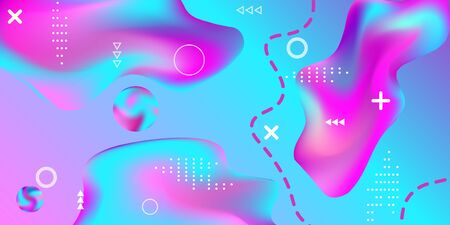 Summer bright party poster wiht colorful liquid form. Bright smooth mesh is blurred by a futuristic pattern in pink, blue, green, yellow, purple tones. Trendy creative vector cosmic gradient.のイラスト素材