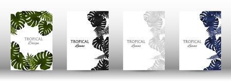 A set of tropical covers. Tropical leaves banners background. Exotic botanical design. Modern Front Page in Vectorのイラスト素材