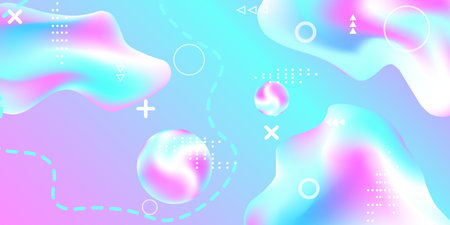 Modern design poster with 3d flow shape. Bright smooth mesh is blurred by a futuristic pattern in pink, blue, purple tones. Gentle serene background. Colorful rainbow gradient.  のイラスト素材