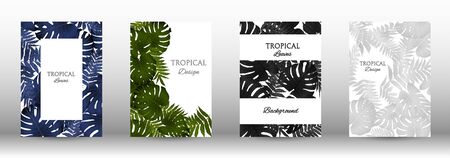 Tropic covers set.  Colorful tropical leaves patterns. Exotic botanical design. Modern Front Page in Vectorのイラスト素材