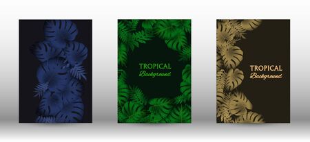 A set of tropical covers. Tropical leaves banners background. Summer graphic background. Modern Front Page in Vectorのイラスト素材