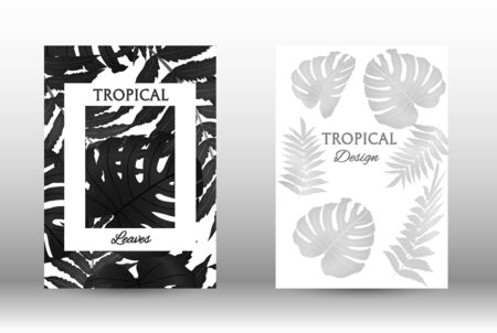 Tropic covers set. Colorful tropical leaves patterns. Exotic botanical design.  Modern Front Page in Vector. Summer vector illustration.のイラスト素材