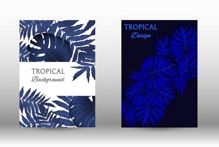 Tropic covers set. Colorful tropical leaves patterns. Exotic botanical design.  Modern Front Page in Vector. Summer vector illustration.のイラスト素材