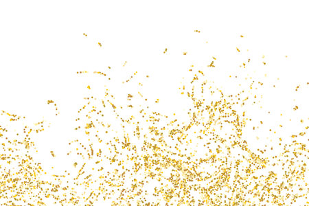 Golden glitter confetti on a white background. Illustration of a drop of shiny particles. Decorative element. Luxury background for your design, cards, invitations, gift, vip.のイラスト素材