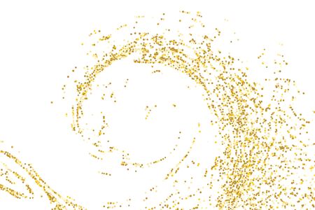 Golden glitter confetti on a white background. Illustration of a drop of shiny particles. Decorative element. Luxury background for your design, cards, invitations, gift, vip.のイラスト素材