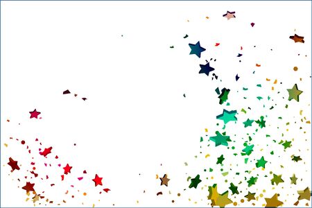 Starry Confetti. Falling star background. Random stars shine on a white background in blue, pink, green, violet, yellow. Suitable for your design, cards, invitations, gifts.のイラスト素材