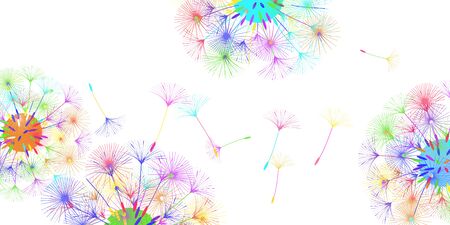 Dandelion background for your design. The wind blows dandelion seeds. Natural background. Advertising flyer brochure. Vector template.のイラスト素材