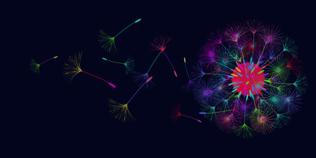 Dandelion background for your design. The wind blows dandelion seeds. Floral background. Advertising flyer brochure. Vector template.のイラスト素材