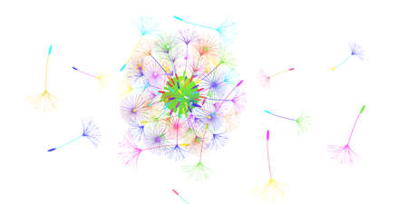 Dandelion background for your design. The wind blows dandelion seeds. Natural background. Advertising flyer brochure. Vector template.のイラスト素材