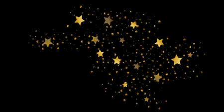 Star of confetti. Falling starry background. Random stars shine on a black background. The dark sky with shining stars. Flying confetti. Suitable for your design, cards, invitations, gifts.のイラスト素材