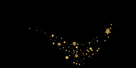 Star of confetti. Falling starry background. Random stars shine on a black background. The dark sky with shining stars. Flying confetti. Suitable for your design, cards, invitations, gifts.のイラスト素材