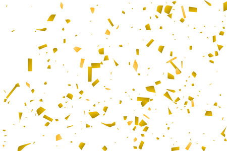 Golden confetti fall on a white background. flying shiny particles illustration. decorative element. Luxury background for your design, postcards, invitations, gift, VIP.のイラスト素材