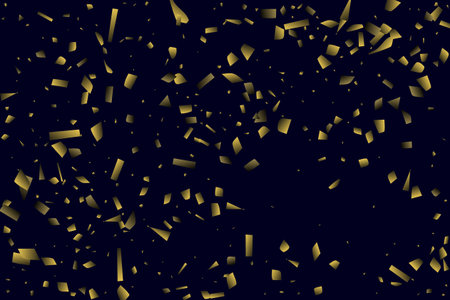 Abstract golden confetti. Glowing background. Random sequins shine on a black background. Dark sky shining with sparkles. Flying confetti. Suitable for your design, cards, invitations, gifts.のイラスト素材