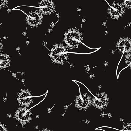 Seamless pattern with dandelion seeds on black background.のイラスト素材