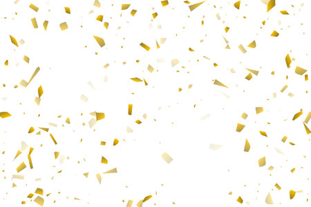 Golden confetti fall on a white background. Flying shiny particles illustration. Decorative element. Luxury background for your design, postcards, invitations, gift, VIP.のイラスト素材