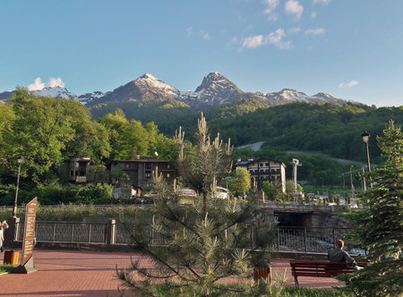 View of the ridge Aibga on the waterfront of the river Mzymta, ski resort Rosa Khutor, Sochiのeditorial素材