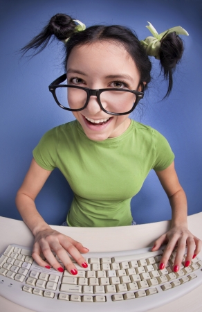 On line chatting, funny girl at the computerの写真素材