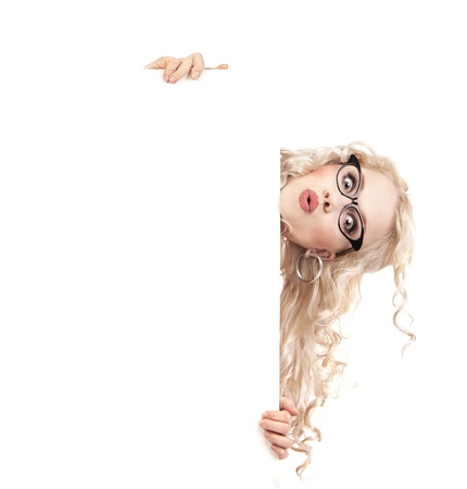 Pretty girl with a blank presentation board の写真素材