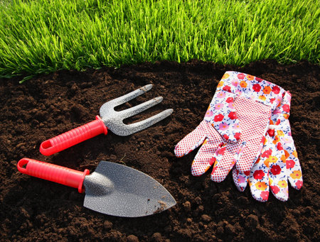Gardening tools, fresh grass and soil 