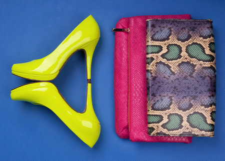 Colorful fashion accessories and neon high heelsの写真素材