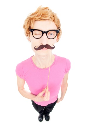 Funny guy with a fake mustache on a stick の写真素材