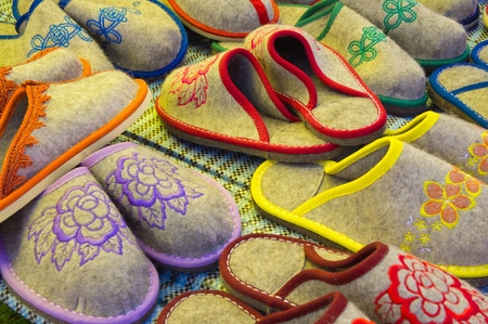 variety of felted slippers in the Asian marketの写真素材
