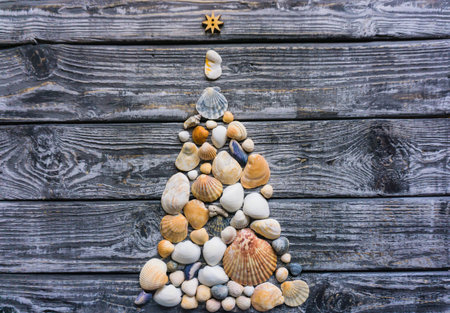 Christmas tree made from seashells on wooden background, top view