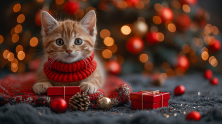 A ginger kitten in a red scarf against a background of gifts, Christmas balls and pine cones. High quality photoの素材