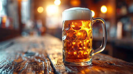 Large mug of beer with foam on a wooden table in a bar. Blurred background with copy space. High quality photoの素材