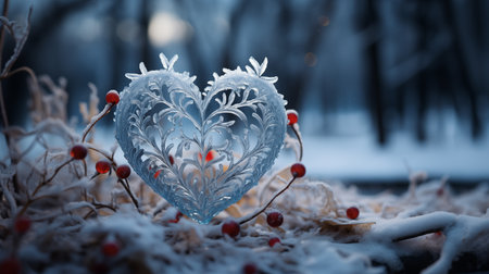 A heart created from frosty patterns, surrounded by red berries, glows against the backdrop of a winter landscape. High quality photoの素材
