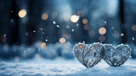 Two hearts made of frozen twigs stand in the snow, in blue tones, with copy space. High quality photoの素材