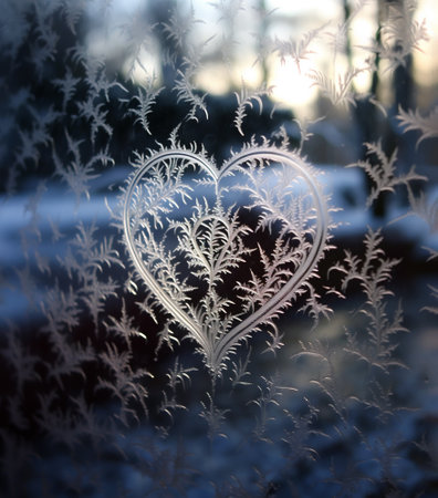 A heart created by a frosty pattern and a blurred winter landscape. High quality photoの素材