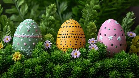 Multi-colored painted eggs surrounded by greenery and flowers. High quality photoの素材