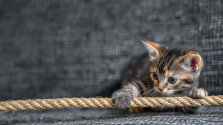 Cute kitten plays with a thick thread-rope on a gray background. Copy space. High quality photoの素材